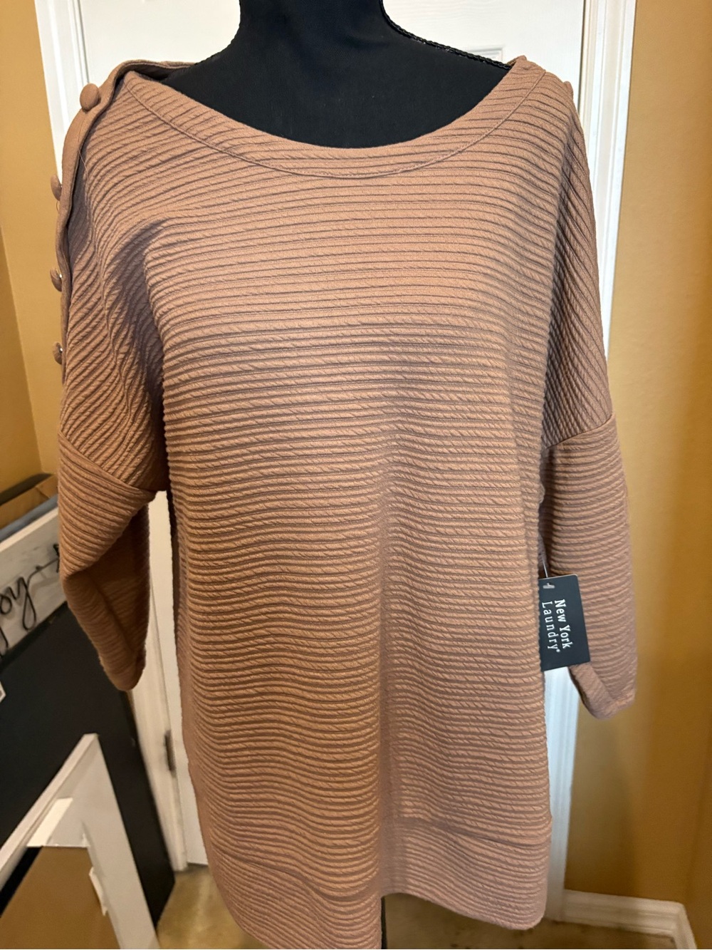 New York Laundry Ribbed Boatneck Tunic Sweater in Camel Tan